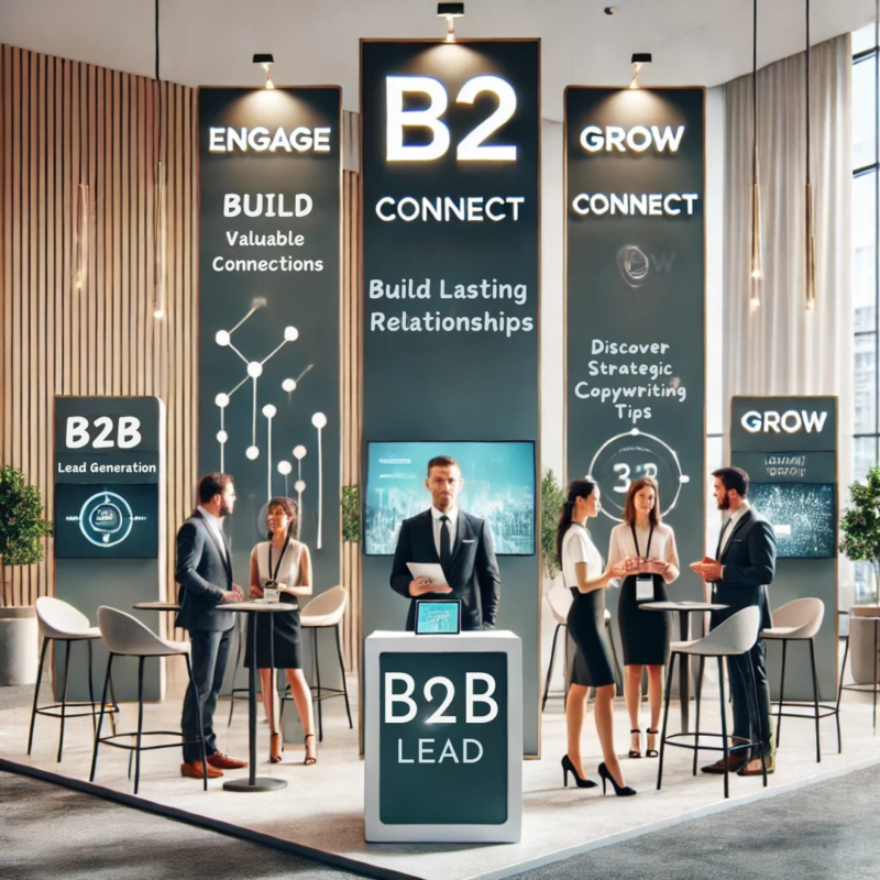 Modern event booth setup featuring branded banners with phrases like 'Lead Generation,' 'Connect,' and 'Grow.' Friendly staff engage with attendees, and a tablet on the booth offers lead capture opportunities. The booth has a sleek, professional design in a bright conference setting, emphasizing B2B event marketing and networking.