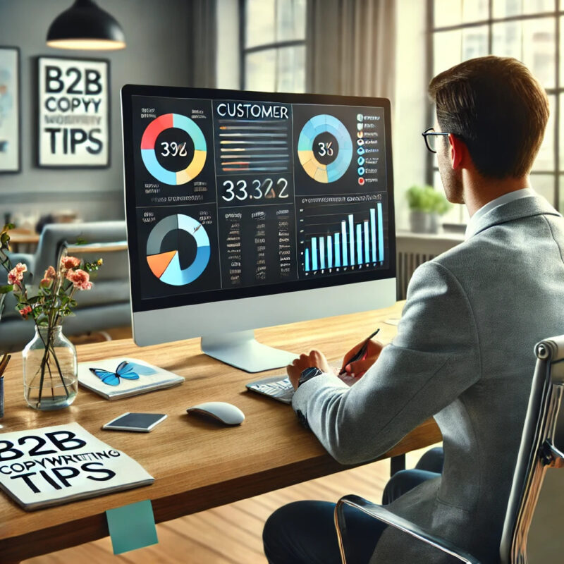 A business professional seated at a modern desk, analysing a computer screen displaying colourful graphs, metrics, and a customer segmentation map. The workspace is sleek and organised, featuring subtle branding with a sticky note that reads "B2B Copywriting Tips." The background includes minimal office décor, reflecting a professional and strategic environment.