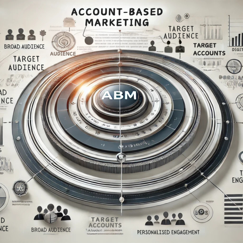 A professional visual representation of Account-Based Marketing (ABM) with concentric circles labelled 'Broad Audience,' 'Target Accounts,' and 'Personalised Engagement.' The image features sharp graphics, arrows, and icons representing data analytics, collaboration, and personalised campaigns, set against a clean and minimalistic background.