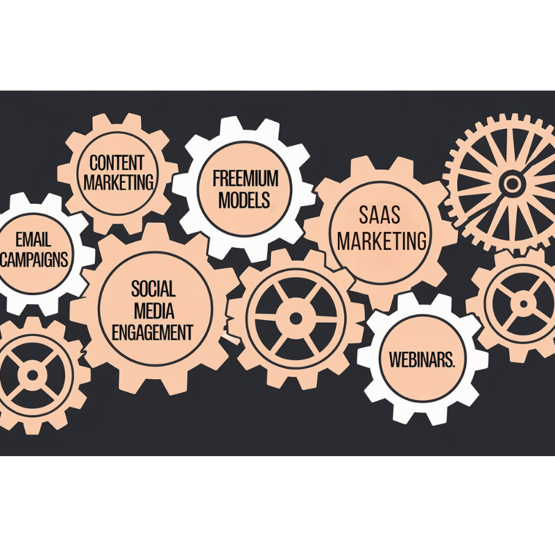 Professional illustration of interconnected metallic gears, each labelled with lead generation strategies such as 'Content Marketing,' 'Freemium Models,' 'Email Campaigns,' 'Social Media Engagement,' and 'Webinars,' representing the key components of SaaS marketing strategies on a clean, neutral background.