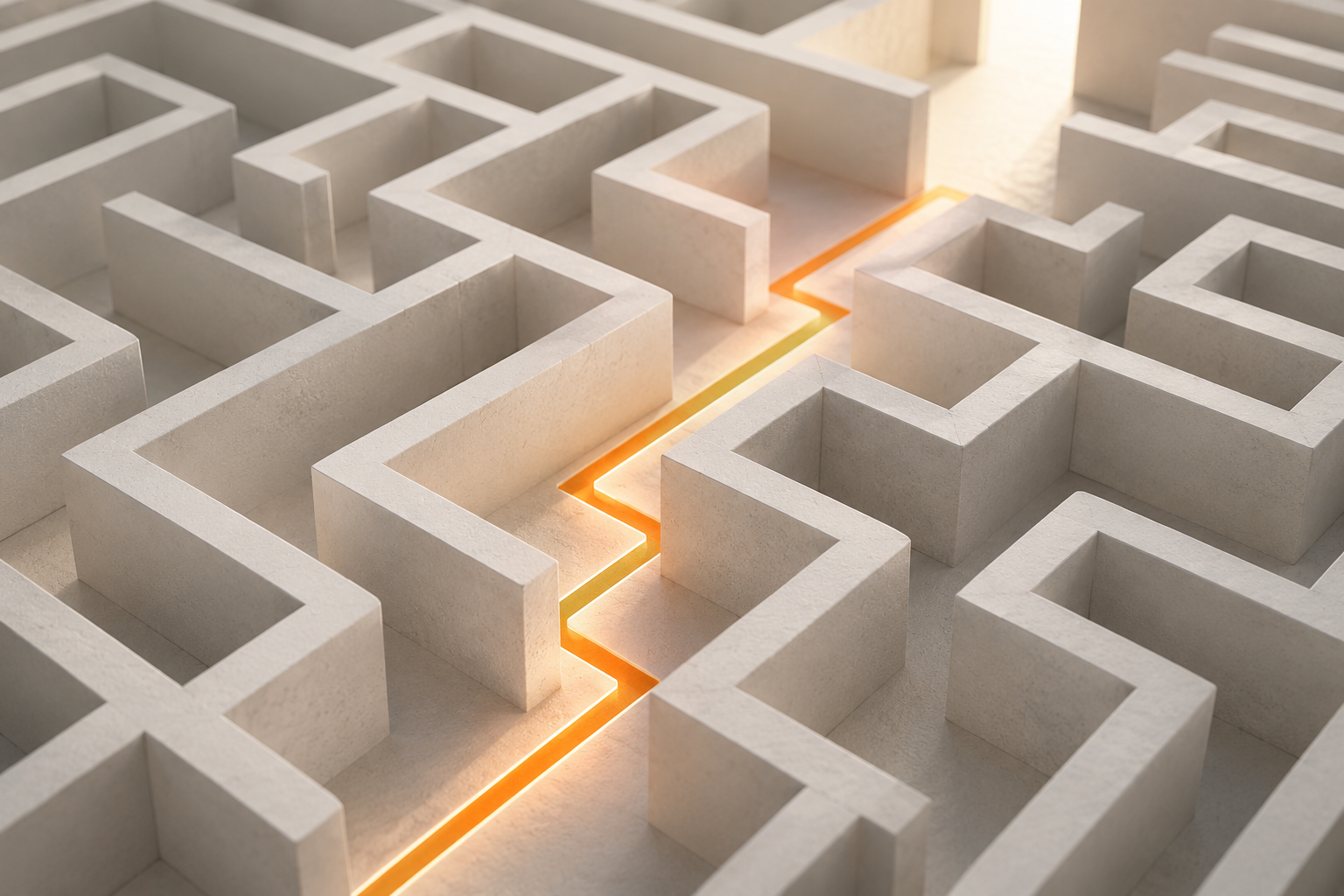Abstract pale maze with a glowing orange path leading through it, representing clearer direction through a complex B2B buying journey. Made by Alpha P Tech Ltd