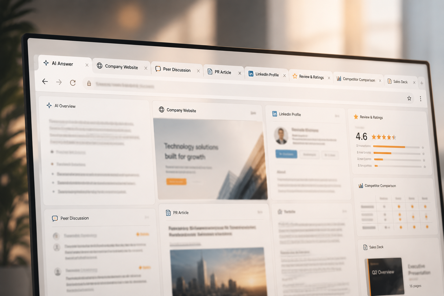 Browser with multiple open tabs showing blurred buyer research sources, including AI search, company website, peer discussion, PR, reviews, competitor comparison and sales deck. Made by Alpha P Tech Ltd.