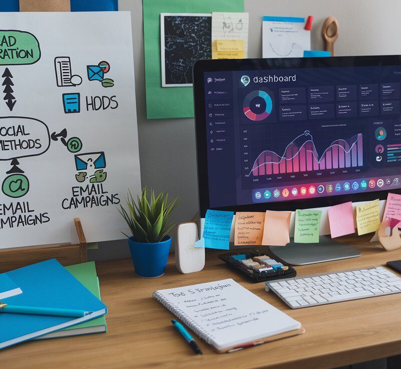 A photo of a professional workspace with a modern desktop computer displaying a vibrant dashboard with graphs and chartsindicating growth. The desk is surrounded by visual elements that represent the top B2B lead generation strategies: a flowchart or mind map showing various lead generation methods (like content marketing, social media, email campaigns, and partnerships). There is a notepad with a bulleted list titled 'Top 5 Strategies' and a cup of coffee. The background is clean and professional, with a mix of blues, greens, and neutrals.