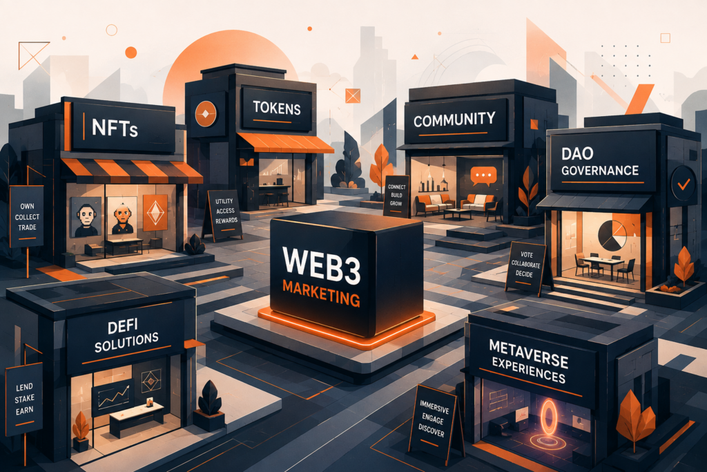 Illustrated Web3 marketing virtual town with storefronts representing NFTs, tokens, community, DAO governance, DeFi and metaverse experiences. Made by Alpha P Tech Ltd.