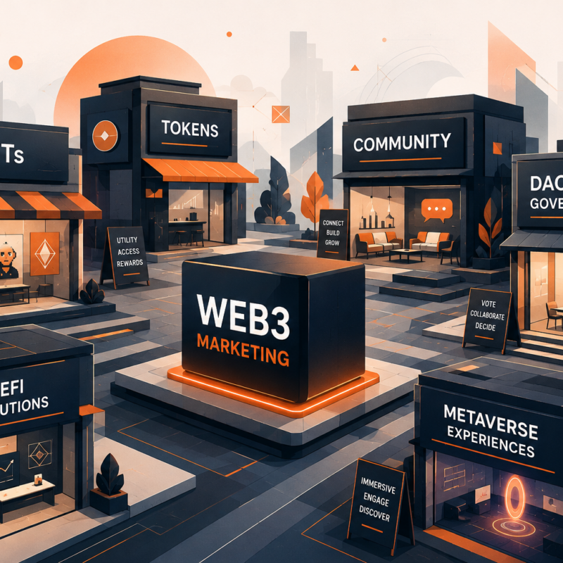 Illustrated Web3 marketing virtual town with storefronts representing NFTs, tokens, community, DAO governance, DeFi and metaverse experiences. Made by Alpha P Tech Ltd.
