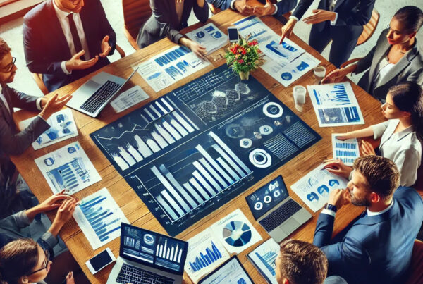 A group of professionals from sales and marketing teams sitting around a table in a modern office, collaborating on strategy. They are discussing charts, graphs, and data displayed on laptops and papers, with a focused and cooperative atmosphere. The image highlights teamwork, alignment, and strategic planning aimed at driving business growth.