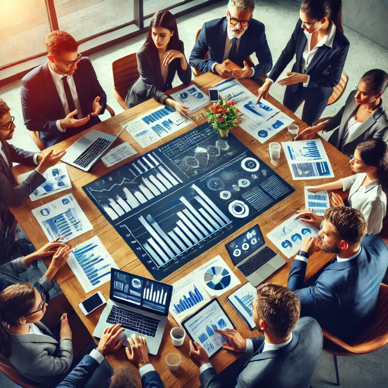 A group of professionals from sales and marketing teams sitting around a table in a modern office, collaborating on strategy. They are discussing charts, graphs, and data displayed on laptops and papers, with a focused and cooperative atmosphere. The image highlights teamwork, alignment, and strategic planning aimed at driving business growth.