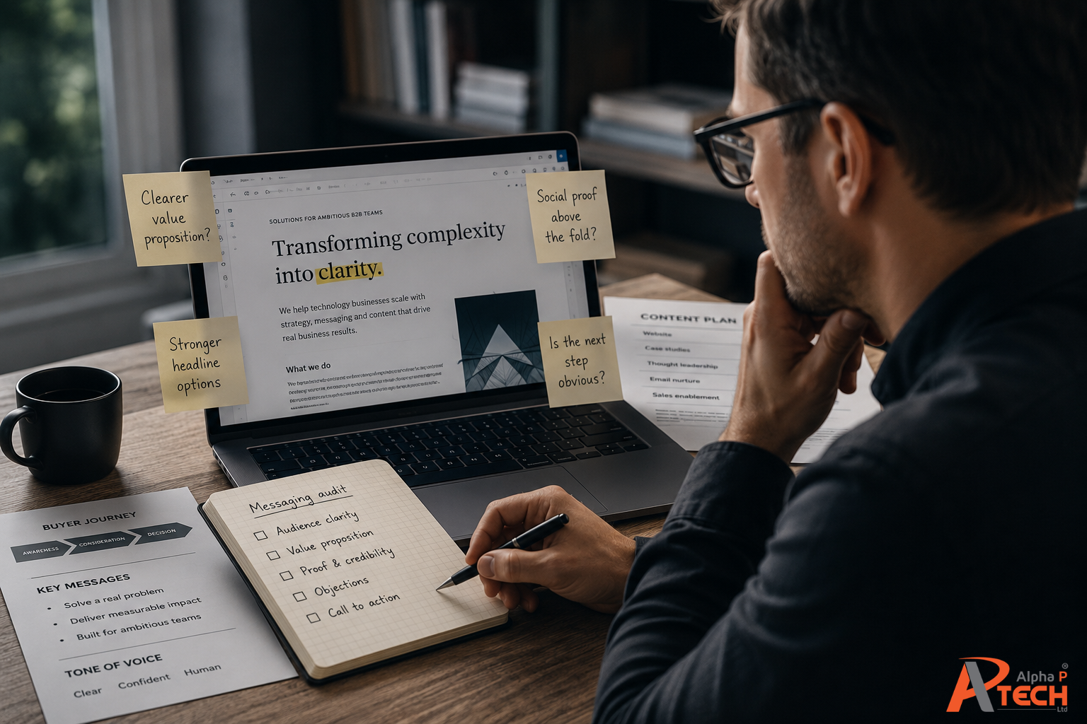 Business owner reviewing B2B website copy and messaging on a laptop, with notes on value proposition, social proof, headlines and calls to action. Made by Alpha P Tech Ltd.