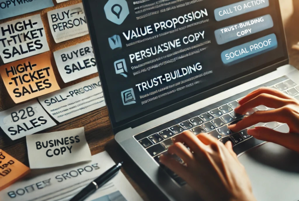 The image shows a close-up of a person typing on a laptop. The laptop screen displays text related to strategic copywriting, with phrases like "Value Proposition," "Persuasive Copy," and "Trust-Building." Surrounding the laptop on the desk are sticky notes and papers containing keywords such as "High-Ticket Sales," "Buyer Persona," "Call-to-Action," and "Social Proof." The workspace appears professional and focused, with visible notes, drafts, and marketing strategy elements representing the process of crafting copy for high-ticket B2B sales.