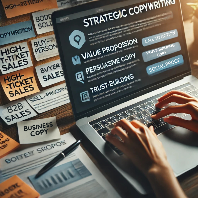 The image shows a close-up of a person typing on a laptop. The laptop screen displays text related to strategic copywriting, with phrases like "Value Proposition," "Persuasive Copy," and "Trust-Building." Surrounding the laptop on the desk are sticky notes and papers containing keywords such as "High-Ticket Sales," "Buyer Persona," "Call-to-Action," and "Social Proof." The workspace appears professional and focused, with visible notes, drafts, and marketing strategy elements representing the process of crafting copy for high-ticket B2B sales.