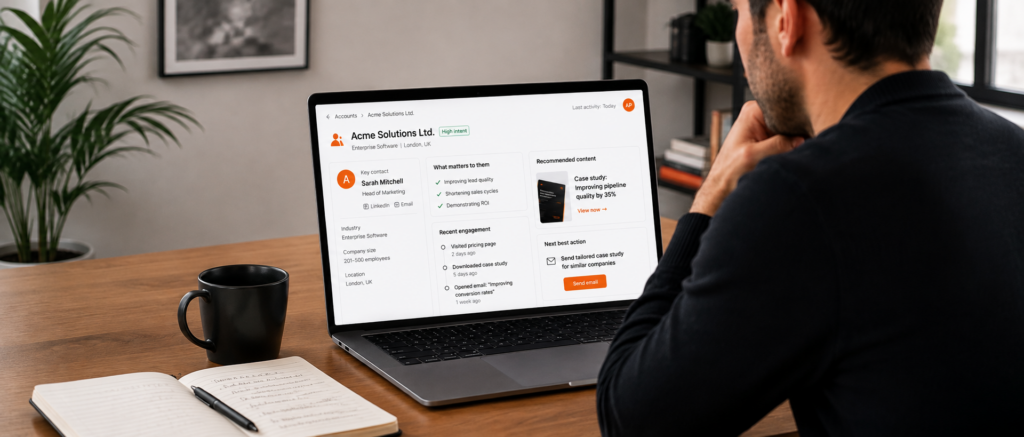 Business professional reviewing a personalised B2B customer profile on a laptop, showing engagement history, priorities and recommended next actions. Made by Alpha P Tech Ltd.