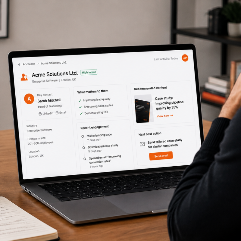 Business professional reviewing a personalised B2B customer profile on a laptop, showing engagement history, priorities and recommended next actions. Made by Alpha P Tech Ltd.