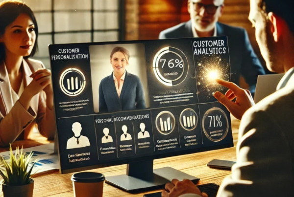 A business professional sitting at a desk, interacting with a client via a computer screen. The screen displays personalized data insights, including three people icons and the text 'customer personalisation', 'personal recommendations' and 'customer analytics' in white. The setting is modern and collaborative, with warm tones, emphasizing the use of data and personalization in B2B marketing."