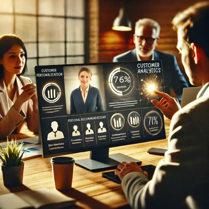 A business professional sitting at a desk, interacting with a client via a computer screen. The screen displays personalized data insights, including three people icons and the text 'customer personalisation', 'personal recommendations' and 'customer analytics' in white. The setting is modern and collaborative, with warm tones, emphasizing the use of data and personalization in B2B marketing."