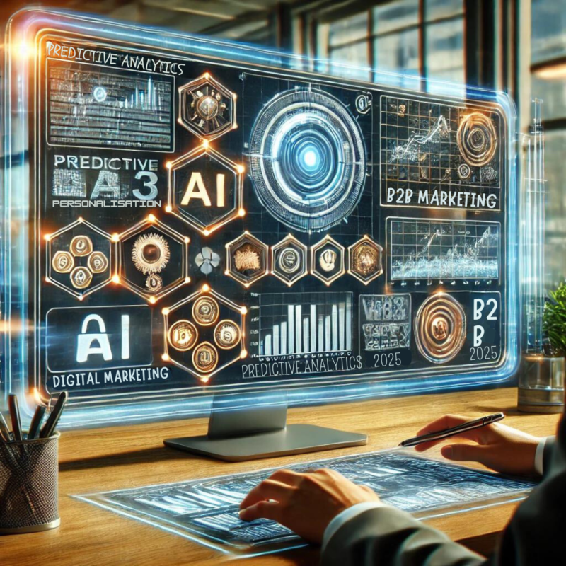 A modern office setting with a marketer interacting with a sleek computer screen displaying detailed analytics, graphs, and charts. The screen features AI-powered tools for predictive analytics and personalization, alongside icons for Web3 technologies like blockchain and digital tokens. The futuristic city skyline is visible through the large office windows, symbolizing the future of B2B marketing in 2025.