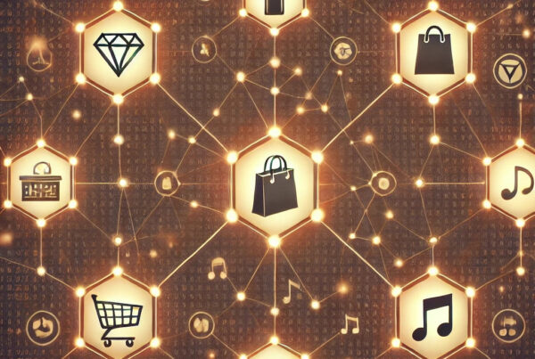 An interconnected blockchain network illustration featuring minimalistic icons representing different sectors: a diamond, shopping bag, classic glass bottle, music note, and retro joystick. Nodes in warm, earthy tones are connected by thin glowing lines against a subtle digital background, symbolising diverse Web3 marketing applications.