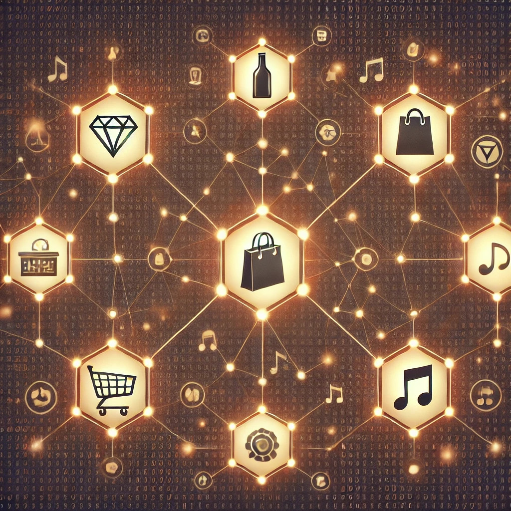 An interconnected blockchain network illustration featuring minimalistic icons representing different sectors: a diamond, shopping bag, classic glass bottle, music note, and retro joystick. Nodes in warm, earthy tones are connected by thin glowing lines against a subtle digital background, symbolising diverse Web3 marketing applications.