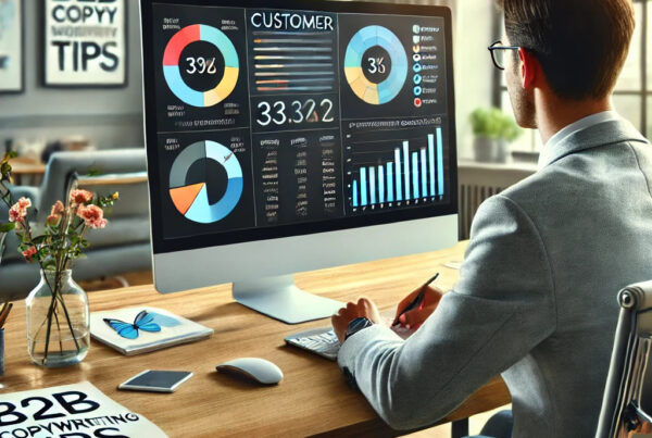 A business professional seated at a modern desk, analysing a computer screen displaying colourful graphs, metrics, and a customer segmentation map. The workspace is sleek and organised, featuring subtle branding with a sticky note that reads "B2B Copywriting Tips." The background includes minimal office decor, reflecting a professional and strategic environment.