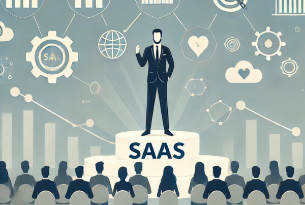 Illustration of a business professional standing on a platform, symbolizing thought leadership in SaaS. Surrounding icons represent data, social media, and connections, while an abstract audience in the background symbolizes trust, engagement, and credibility in the tech industry.