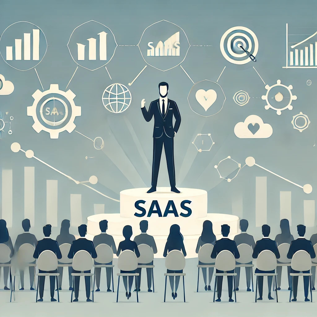 Illustration of a business professional standing on a platform, symbolizing thought leadership in SaaS. Surrounding icons represent data, social media, and connections, while an abstract audience in the background symbolizes trust, engagement, and credibility in the tech industry.