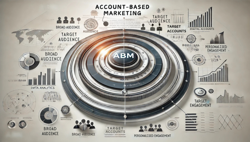 A professional visual representation of Account-Based Marketing (ABM) with concentric circles labelled 'Broad Audience,' 'Target Accounts,' and 'Personalised Engagement.' The image features sharp graphics, arrows, and icons representing data analytics, collaboration, and personalised campaigns, set against a clean and minimalistic background.