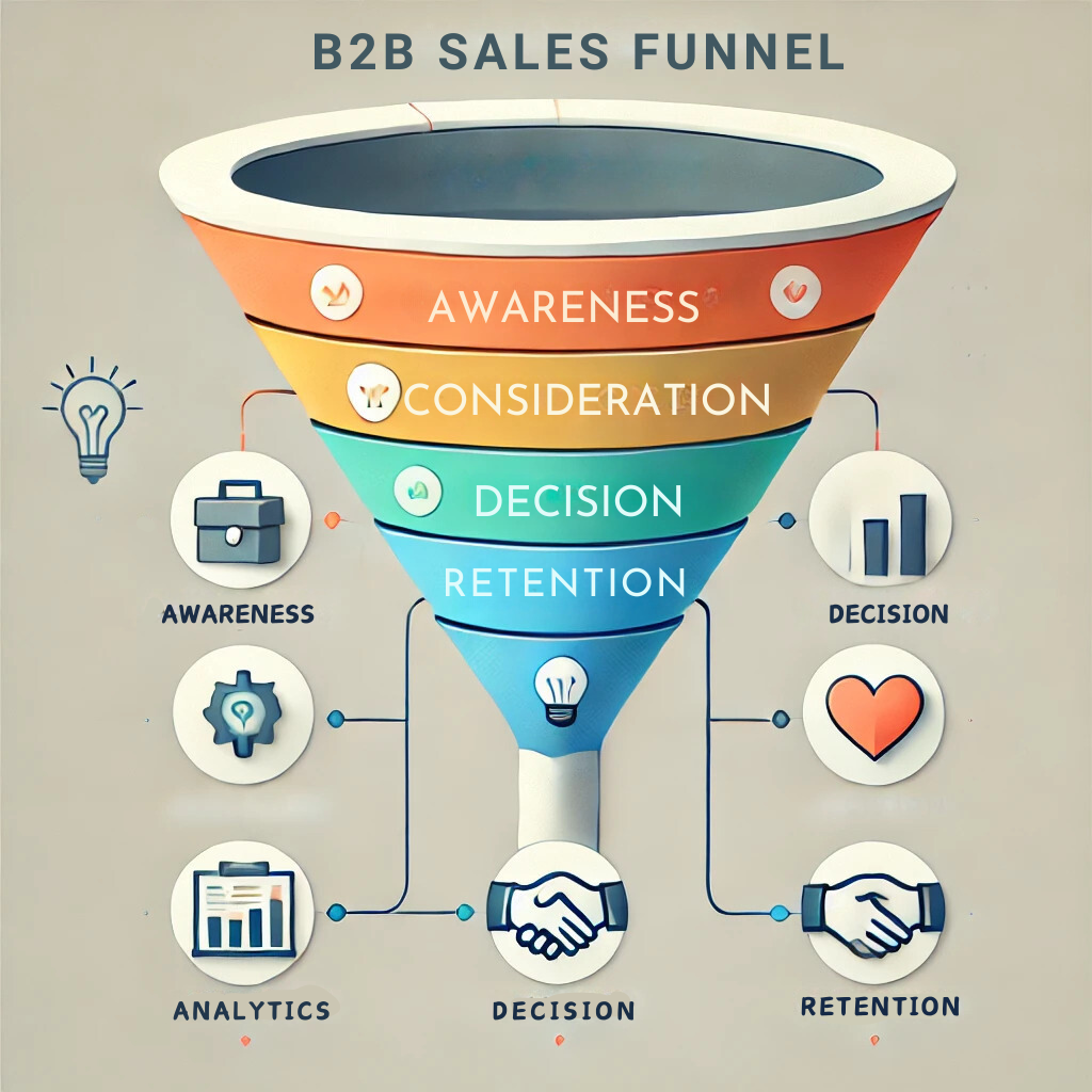 A clean and modern B2B sales funnel illustration with four sections: Awareness, Consideration, Decision, and Retention. Each section is visually distinguished by colour gradients and minimal text, accompanied by simple icons—a lightbulb for Awareness, a chart for Consideration, a handshake for Decision, and a heart for Retention. The background is plain to maintain a minimalist, professional aesthetic.