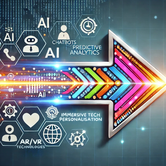 A forward-moving arrow symbolising marketing trends, composed of small icons such as chatbots (AI), data charts (predictive analytics), people icons (ABM and personalisation), a shield (privacy compliance), and AR & VR devices (immersive technologies). The arrow features bright, gradient colours, representing innovation and forward-thinking, set against a clean, professional backdrop with subtle world map and digital network elements indicating global connectivity and technology.