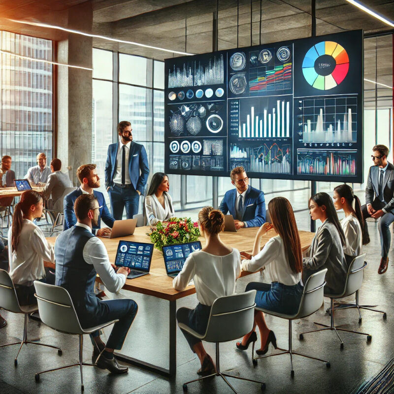 A diverse team collaborating in a modern office environment. The group is gathered around a table with laptops and tablets, engaged in discussion. A large TV screen in the background displays colourful charts, graphs, and analytics, symbolising data-driven decision-making. The office features a sleek, contemporary design with glass walls and greenery, emphasising innovation and collaboration in a professional B2B setting.