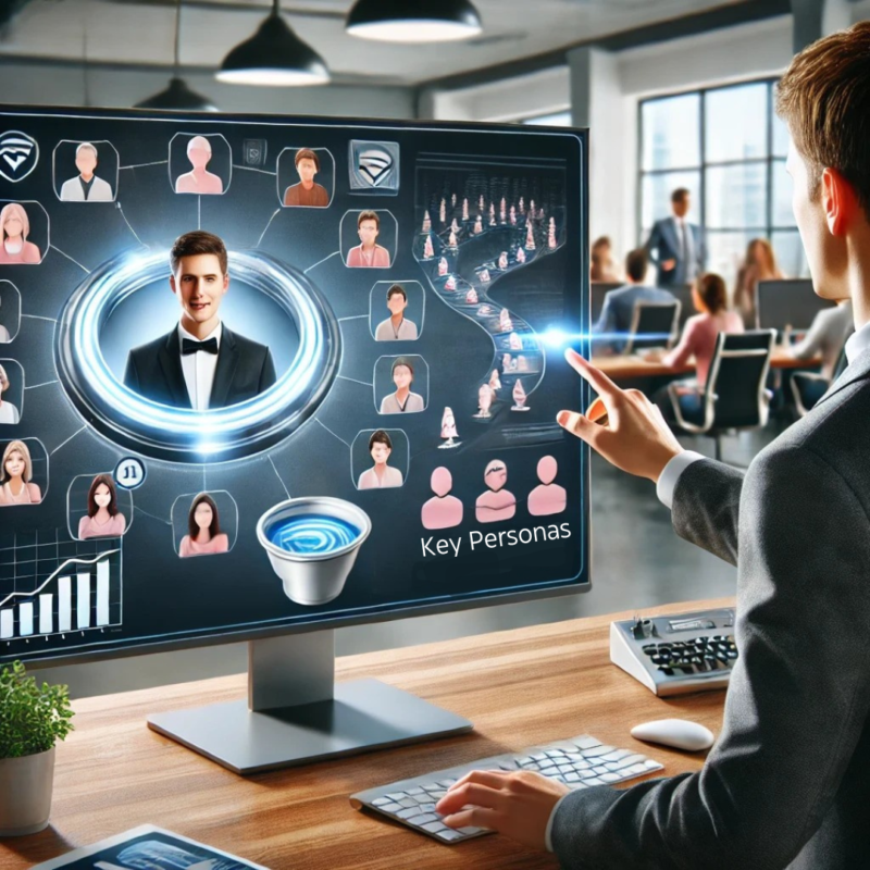 A business professional interacting with a large computer monitor in a modern, busy office setting. The screen displays graphical elements representing a segmented audience, with one segment highlighted in a distinct colour. Surrounding the highlighted segment are visual representations of tailored marketing elements such as product recommendations, personalised emails, and a conversion funnel. The background features desks, people working, and contemporary office decor.