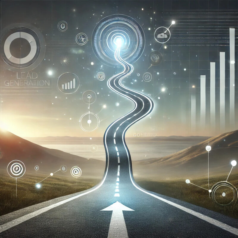 A modern digital illustration of a winding pathway ascending upward, symbolising the optimisation of a lead generation funnel. The background features a softly lit, realistic landscape with subtle hills and clouds blended with futuristic digital overlays of glowing data points and graphs. The pathway includes abstract shapes like circles and triangles marking milestones, all rendered in professional tones of blue, white, grey, and gold, with no text.