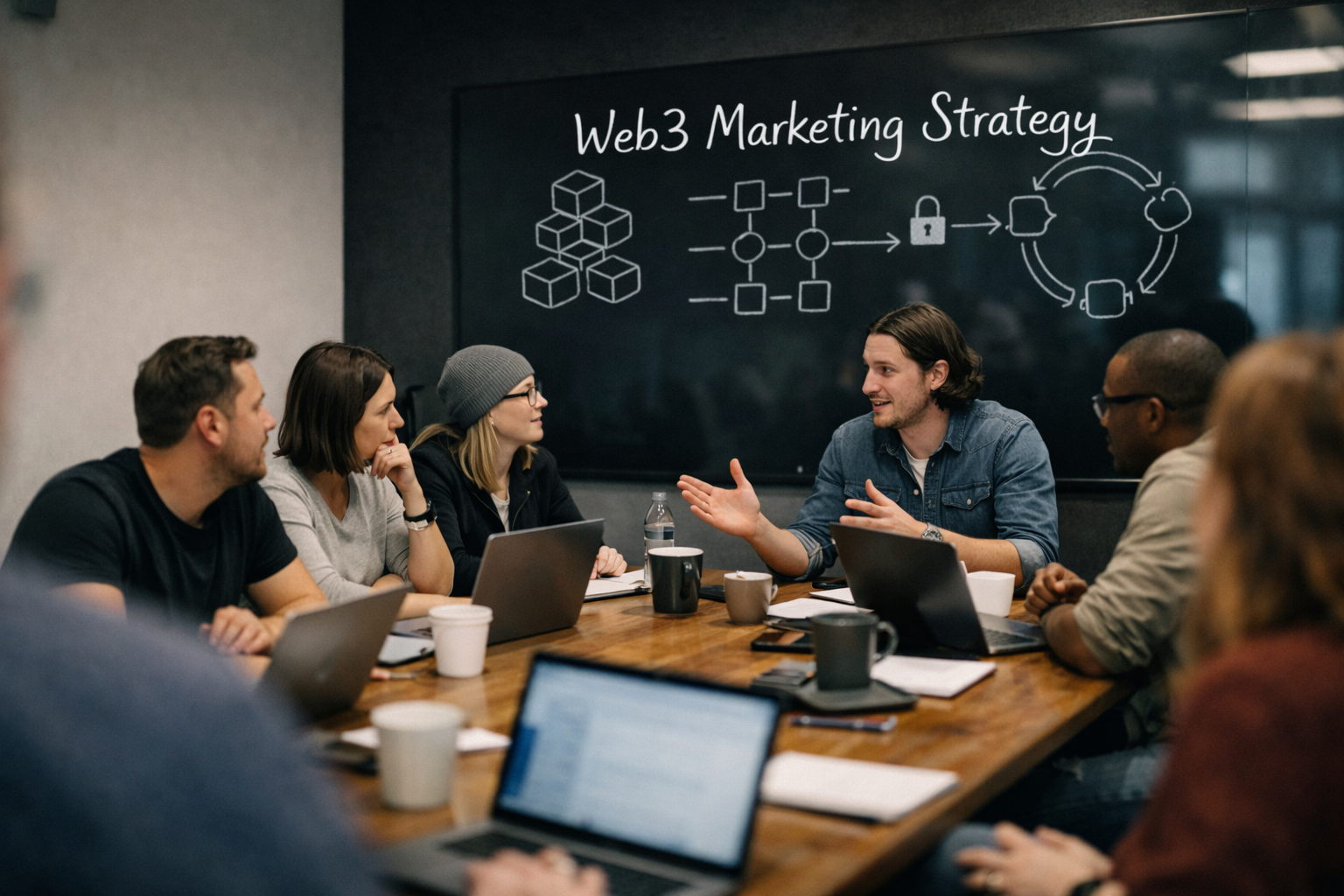 A Web3 marketing strategy workshop in a modern office, with a team discussing go-to-market planning while a glass board displays blockchain, smart contract and community growth loop diagrams. Made by Alpha P Tech Ltd.