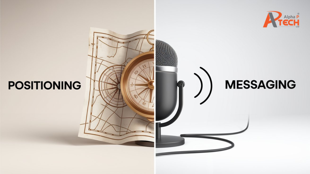 Split image illustrating the difference between positioning and messaging. The left side shows a vintage-style map with a compass, labelled "Positioning." The right side features a modern microphone with sound waves, labelled "Messaging." The Alpha P Tech logo appears in the top right corner.