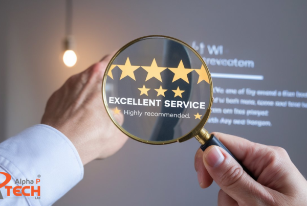 Close-up of a magnifying glass highlighting a five-star rating and the words “Excellent Service – Highly recommended,” symbolising trust and customer satisfaction in a professional context. Alpha P Tech’s logo is shown at the bottom left corner.