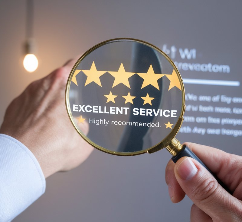 Close-up of a magnifying glass highlighting a five-star rating and the words “Excellent Service – Highly recommended,” symbolising trust and customer satisfaction in a professional context. Alpha P Tech’s logo is shown at the bottom left corner.