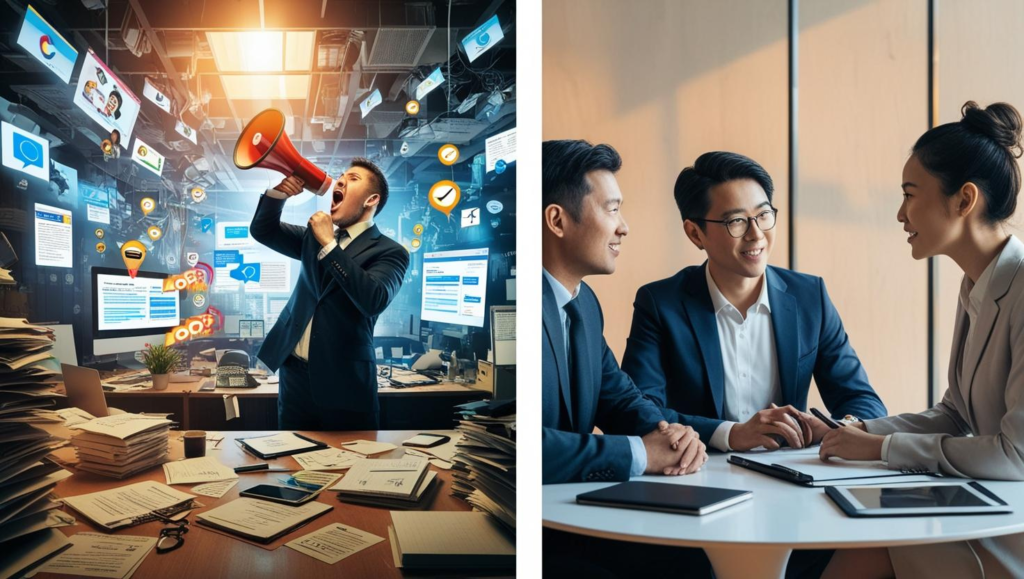 Split-screen image comparing two marketing approaches. On the left, a man in a cluttered office yells into a megaphone, surrounded by chaotic digital ads and notifications, symbolising outdated, aggressive B2B marketing tactics. On the right, three professionals sit together in a calm, modern office, engaged in a thoughtful business conversation, representing trust-based, relationship-focused marketing.