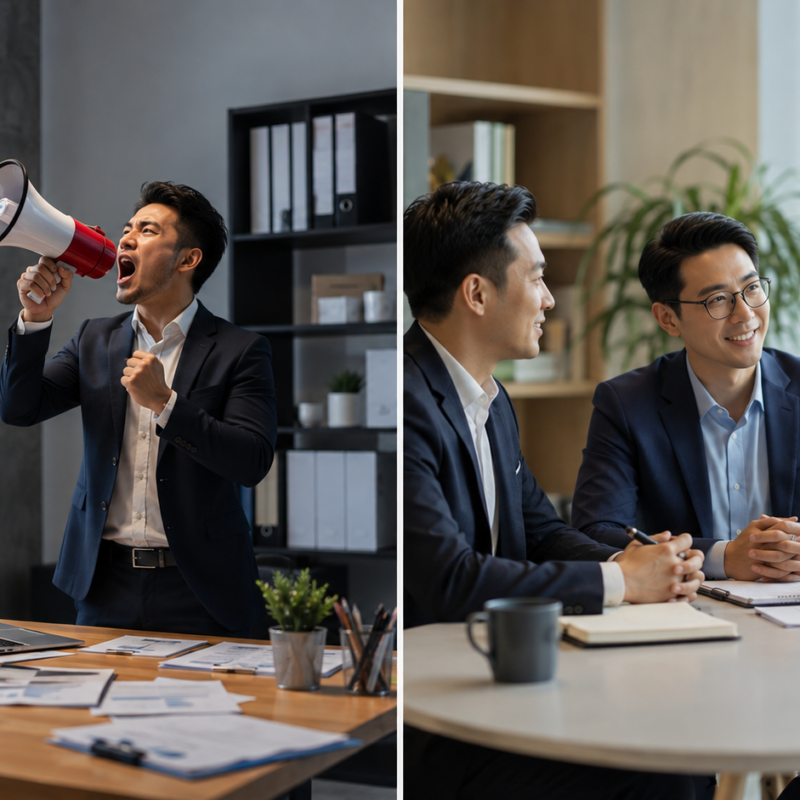 Split-screen image comparing two marketing approaches. On the left, a man in a cluttered office yells into a megaphone, surrounded by chaotic digital ads and notifications, symbolising outdated, aggressive B2B marketing tactics. On the right, three professionals sit together in a calm, modern office, engaged in a thoughtful business conversation, representing trust-based, relationship-focused marketing. Made by Alpha P Tech Ltd.