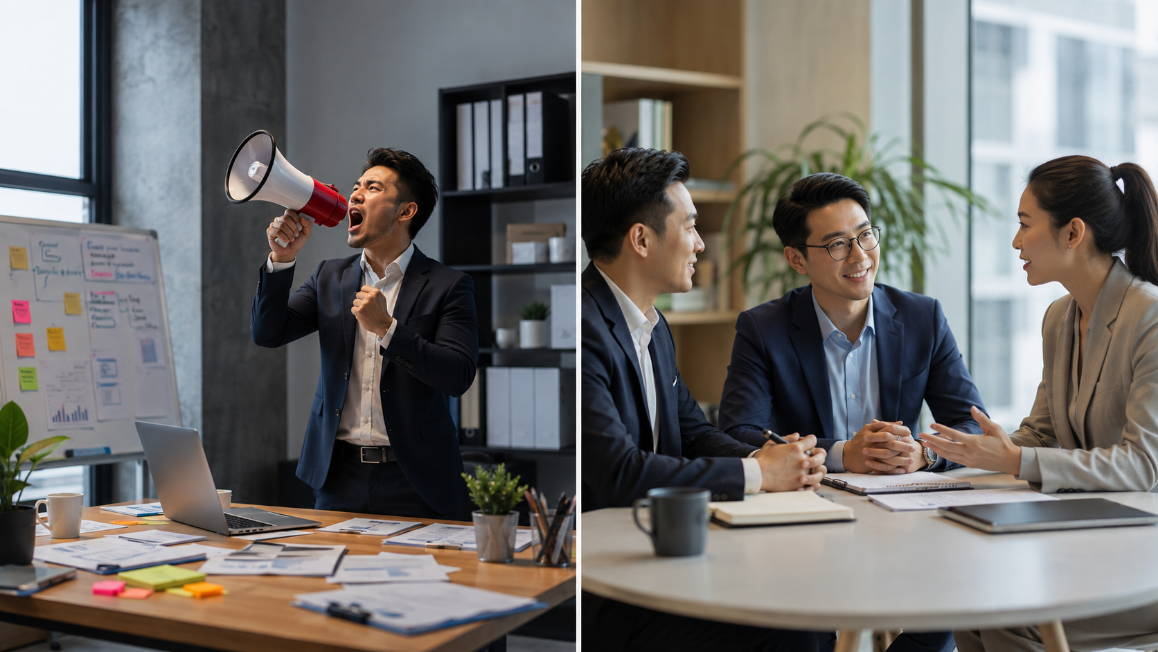 Split-screen image comparing two marketing approaches. On the left, a man in a cluttered office yells into a megaphone, surrounded by chaotic digital ads and notifications, symbolising outdated, aggressive B2B marketing tactics. On the right, three professionals sit together in a calm, modern office, engaged in a thoughtful business conversation, representing trust-based, relationship-focused marketing. Made by Alpha P Tech Ltd.
