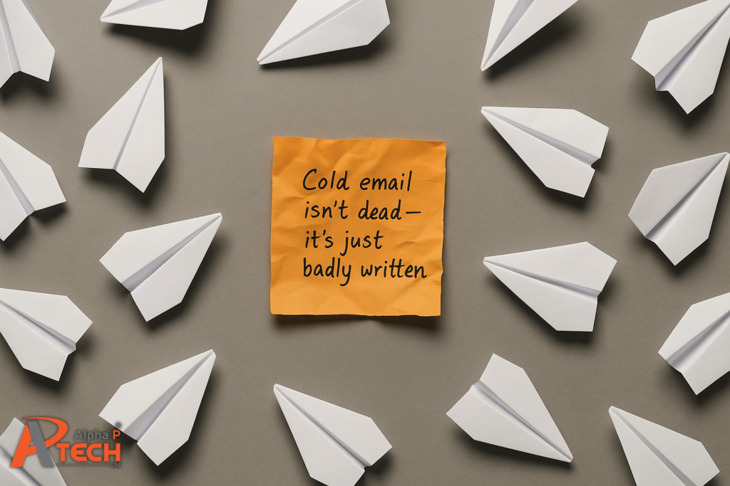A crumpled orange sticky note in the centre reads 'Cold email isn’t dead — it’s just badly written,' surrounded by identical white paper planes on a neutral grey background, symbolising the contrast between generic outreach and personalised messaging.