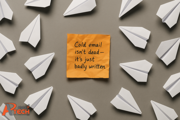 A crumpled orange sticky note in the centre reads 'Cold email isn’t dead — it’s just badly written,' surrounded by identical white paper planes on a neutral grey background, symbolising the contrast between generic outreach and personalised messaging.