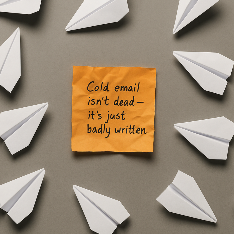 A crumpled orange sticky note in the centre reads 'Cold email isn’t dead — it’s just badly written,' surrounded by identical white paper planes on a neutral grey background, symbolising the contrast between generic outreach and personalised messaging.