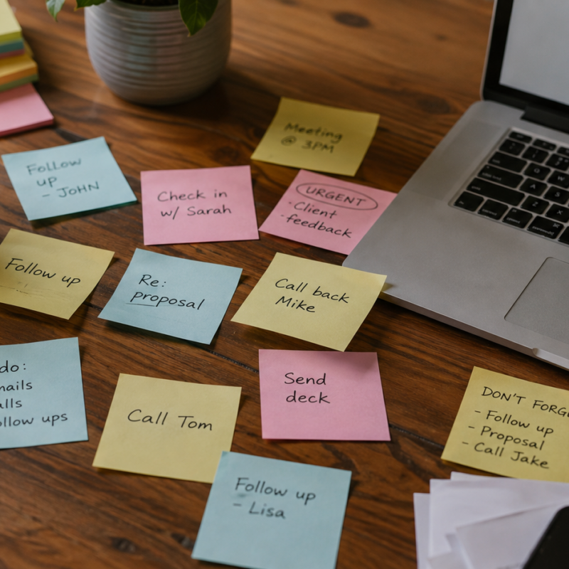 A cluttered wooden desk covered in colourful sticky notes with handwritten reminders like ‘Follow up’, ‘Call back’, and ‘To-do’. A laptop, notebook, and coffee mug are also visible, representing the chaos and pressure of managing cold outreach and follow-up tasks in B2B sales. Made by Alpha P Tech Ltd.