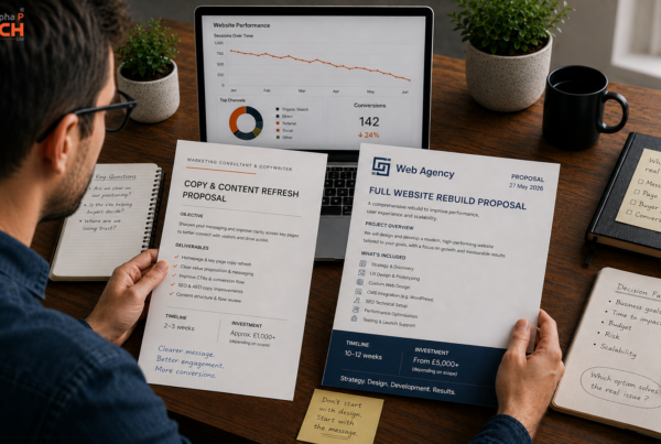 A businessman comparing two website project proposals: a copy and content refresh from a marketing consultant and copywriter, and a full website rebuild from a web agency. A laptop in the background shows declining website performance and conversions, with notes about messaging, buyer journey, budget and which option solves the real issue. Made by Alpha P Tech Ltd.