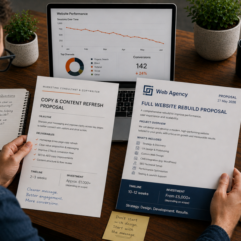A businessman comparing two website project proposals: a copy and content refresh from a marketing consultant and copywriter, and a full website rebuild from a web agency. A laptop in the background shows declining website performance and conversions, with notes about messaging, buyer journey, budget and which option solves the real issue. Made by Alpha P Tech Ltd.