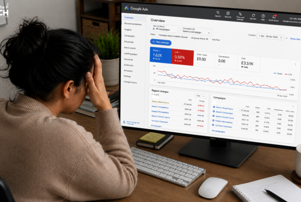 Frustrated marketer reviewing an ads dashboard showing a low click-through rate, zero conversions and declining campaign performance.