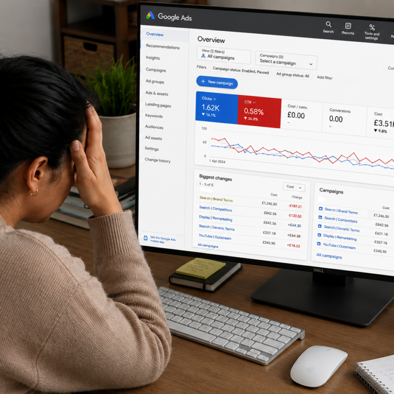 Frustrated marketer reviewing an ads dashboard showing a low click-through rate, zero conversions and declining campaign performance.