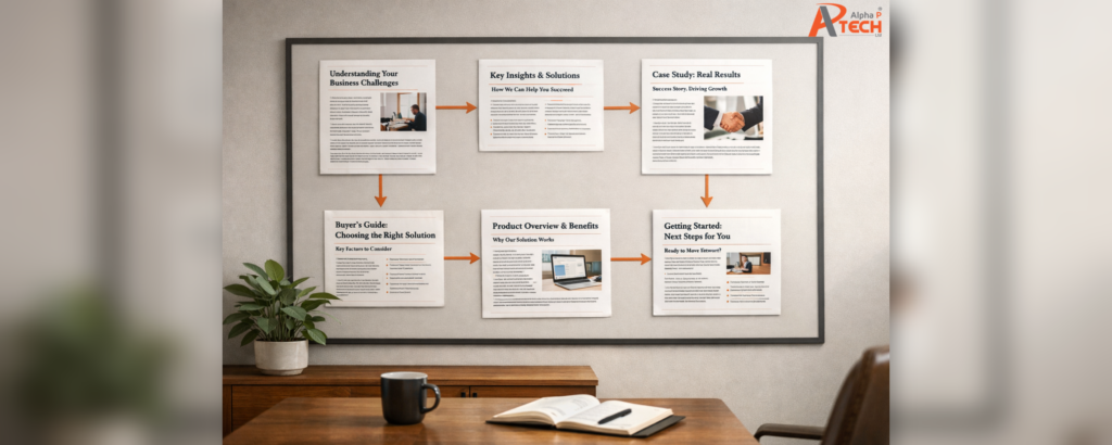 Office whiteboard showing a B2B content plan with linked article pages mapped across the buyer journey, illustrating how content supports AI search visibility, trust, and sales momentum. Made by Alpha P Tech Ltd.