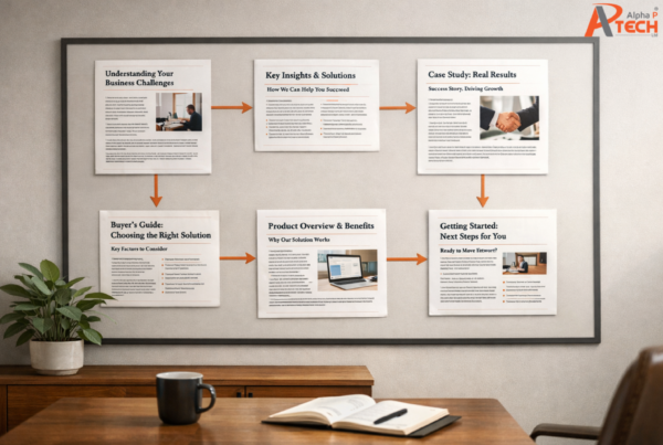 Office whiteboard showing a B2B content plan with linked article pages mapped across the buyer journey, illustrating how content supports AI search visibility, trust, and sales momentum. Made by Alpha P Tech Ltd.