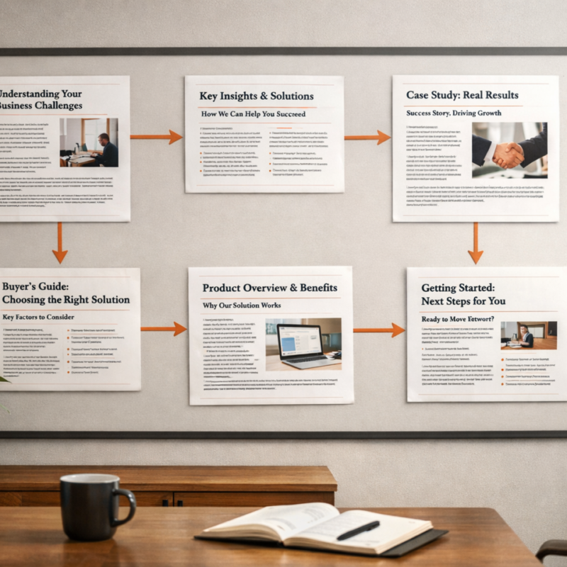 Office whiteboard showing a B2B content plan with linked article pages mapped across the buyer journey, illustrating how content supports AI search visibility, trust, and sales momentum. Made by Alpha P Tech Ltd.