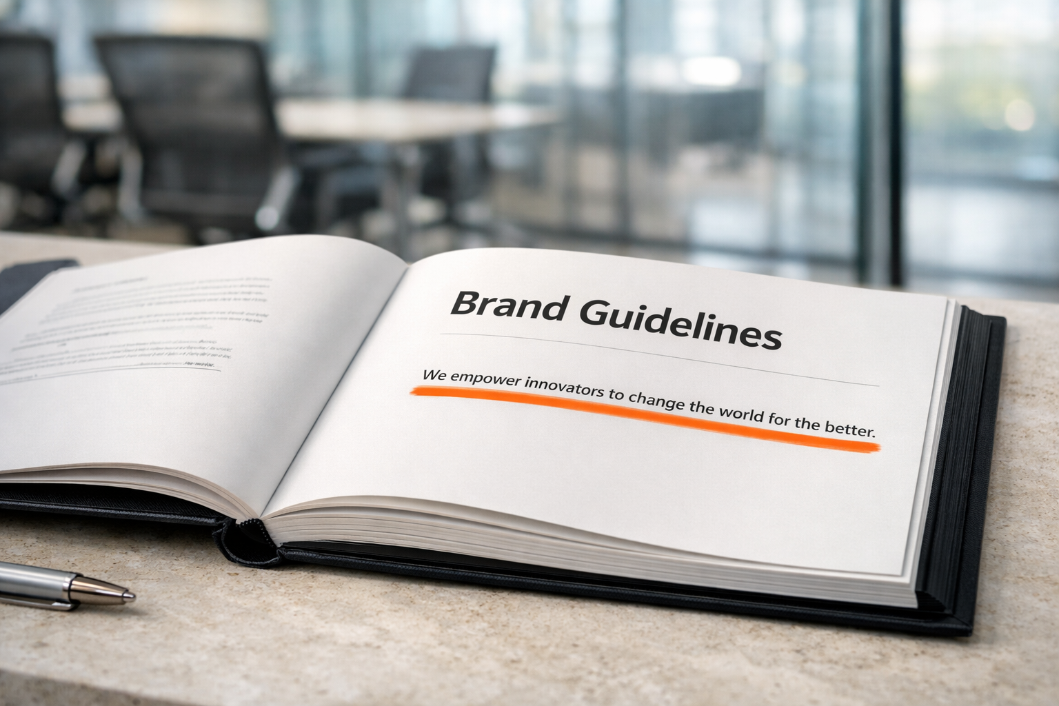 Open brand guidelines book on a light stone table in a bright office, showing a highlighted positioning line under the heading “Brand Guidelines,” with a blurred meeting room in the background.