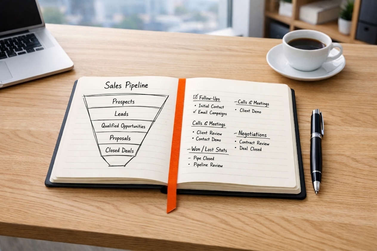 Open notebook on a light wood desk in a bright office, showing a hand-drawn sales pipeline funnel and notes on follow-ups, meetings, negotiations, and closed deals, with an orange ribbon bookmark, pen, coffee cup, and part of a laptop visible.
